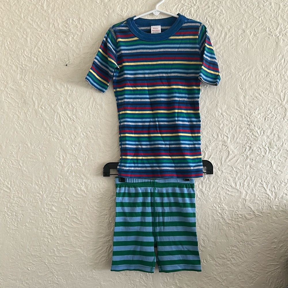 Hanna Andersson Blue Green Multicolored Stripe Tee Shirt Shorts 8 Red Yellow